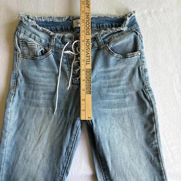 Bamboo Womens Size 9 Lace Up Flare Jeans Frayed Hem Y2K Vintage Denim Streetwear - Picture 7 of 8